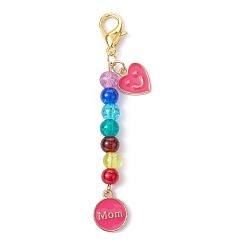 Hot Pink Mother's Day Flat Round with Word Mom & Heart Alloy Enamel Pendant Decorations, Glass Beads and Lobster Claw Clasps Charm, Hot Pink, 76mm
