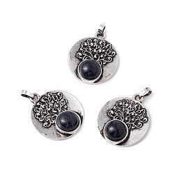 Blue Goldstone Synthetic Blue Goldstone Alloy Pendants, Lead Free & Cadmium Free, Antique Silver, Flat Round with Tree, 28.5x24.5x6.5mm, Hole: 4x3.5mm