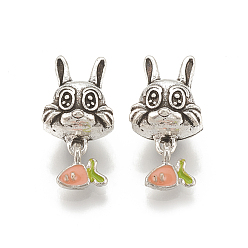 Antique Silver Alloy European Bunny Dangle Charms, Large Hole Pendants, with Enamel, Rabbit with Carrot Charms, Light Salmon, Antique Silver, 20mm, Hole: 4.5mm, 7x7mm