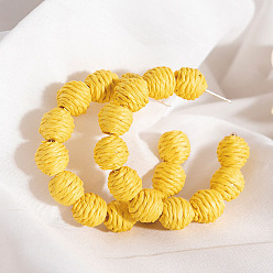 Yellow Rattan Round Bead C-shaped Stud Earrings, with Metal Pins, Half Hoop Earrings, Bohemia Style Long Drop Earrings for Women, Yellow, 60mm