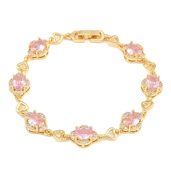 Pink Bracelets en laiton pavé de zirconiums cubiques en forme de cœur et de fleur pour femmes, crémaillère plaquage, plaqué longue durée, sans cadmium et sans plomb, réel 18 k plaqué or, rose, 7.40 pouce (18.8 cm)