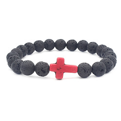 Rose Red Cross Colorful Lava Stone Beaded Bracelet with Cross Pendant Jewelry