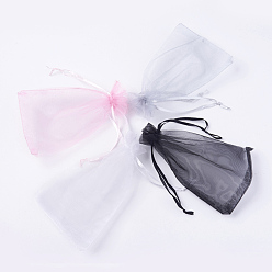 Mixed Color 4 Colors Organza Bags, with Ribbons, Rectangle, Pink/Lavender/Light Grey/Black, Mixed Color, 15~15.5x9.5~10cm, 25pcs/color, 100pcs/set