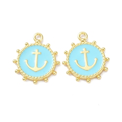 Cyan Eco-Friendly Stainless Steel Enamel Pendants, Real 18K Gold Plated, Long-Lasting Plated, Flat Round with Anchor, Cyan, 20x16.5x2.2mm, Hole: 1.9mm