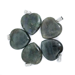 Labradorite Valentine's Day Natural Labradorite Pendants, Heart Charms with Platinum Plated Metal Snap on Bails, 20mm