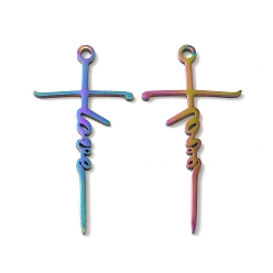 Rainbow Color Ионное покрытие (ip) 304 подвески из нержавеющей стали, крест со словом любовный оберег, Радуга цветов, 39.5x20x1 мм, отверстие : 2 мм