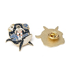 Golden Creative Zinc Alloy Brooches, Enamel Lapel Pin, with Iron Butterfly Clutches or Rubber Clutches, Whale Shape with Spaceman, Golden, 30x30mm, pin: 1mm