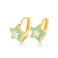 Light Green Enamel Star Hoop Earrings with Clear Cubic Zirconia, Real 18K Gold Plated Brass Jewelry for Women, Cadmium Free & Nickel Free & Lead Free, Light Green, 15.5x17.5x2.5mm, Pin: 1mm