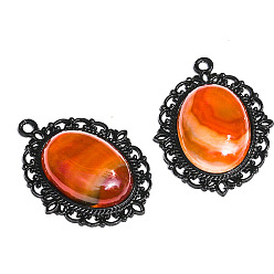 Red Agate Natural Red Agate Pendants, Black Metal Oval Charms, 40x30x7mm