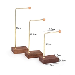 Coconut Brown 3Pcs 3 Sizes Metal L Shaped Dangle Earring Display Rack with Wooden Base, Jewelry Stand For Hanging Earrings, Coconut Brown, 7.5x5x13.5~21cm, 1pc/size