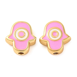 Бледно-Розовый Стойки обшивки латунные бусины, с эмалью, долговечный, реальный 18 k позолоченный, Хамса руку с дурным глазом, розовый жемчуг, 9.5x8.5x3.5 мм, отверстие : 1.2 мм