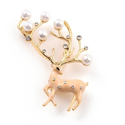 PeachPuff Deer Alloy Brooch with Resin Pearl, Exquisite Rhinestone Animal Lapel Pin for Girl Women, Golden, PeachPuff, 55.5x44x12.5mm, Pin: 0.8mm, Hole: 7x3.7mm