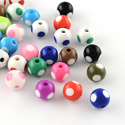 Couleur Mélangete Motif de points perles acryliques opaques, ronde, couleur mixte, 16x15mm, trou: 3 mm, environ 220 pcs / 500 g