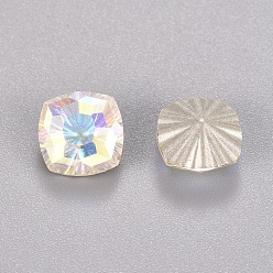 Crystal AB Glass Rhinestone Cabochons, Pointed Back Plated, Faceted, Square, Crystal AB, 10x10x6mm