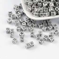 Silver Horizontal Hole Acrylic Beads, Mixed Letters, Cube, about 6mm in diameter, hole: 3mm, 2600pcs/500g