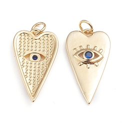 Blue Brass Micro Pave Cubic Zirconia Pendants, with Jump Rings, Long-Lasting Plated, Heart with Evil Eye, Real 18K Gold Plated, Blue, 24.5x13.5x3mm, Jump Ring: 5x0.8mm, 3.2mm Inner Diameter