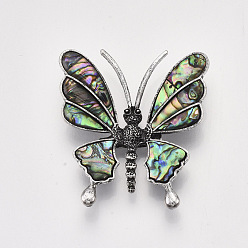 Colorful Abalone Shell/Paua Shell Brooches/Pendants, with Alloy Findings and Resin Bottom, Butterfly, Antique Silver, Colorful, 53.5x50.5x12mm, Hole: 5x3.5mm, Pin: 0.6mm