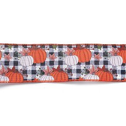 Coral 10M Thanksgiving Day Theme Wired Linen Ribbon, Pumpkin & Maple Leaf Pattern, Coral, 2-1/2 inch(63mm), about 10.94 Yards(10m)/Roll