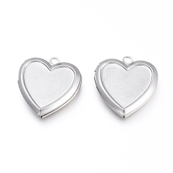 Stainless Steel Color 304 Stainless Steel Locket Pendants, Photo Frame Charms for Necklaces, Heart, Stainless Steel Color, Tray: 13x16mm, 25x22.5x4.5mm, Hole: 2mm