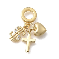 Symbol Латунь микропаве прозрачный кубический цирконий европейские подвески с подвесками, подвески в форме креста и сердца с большим отверстием, без кадмия и без свинца, долговечный, стойки покрытие, реальный 18 k позолоченный, знак доллара, 25.5 мм, отверстие : 5.5 мм