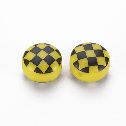 Yellow Opaque Acrylic Beads, Flat Round with Grid, Yellow, 12x8mm, Hole: 1.8mm