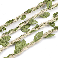 Olive Drab Polyester Leaf Trim Ribbon, with Hemp Twine, for Wedding Party Home Decoration, Olive Drab, 5~6x2~2.5mm, about 100m/bundle