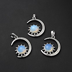 Opalite Opalite Pendants, with Platinum Tone Brass Findings, Lead Free & Cadmium Free, Moon with Sun Charms, 29~30x23x7.5~8mm, Hole: 5x8mm