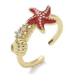 Темно-Красный Латунные микро проложить манжеты кольца кубического циркония, морская звезда и форма раковины, с эмалью, долговечный, стойки покрытие, без свинца и без кадмия, реальный 18 k позолоченный, темно-красный, 10.5 мм