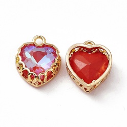 Rose Heart K9 Glass Charms, Faceted, with Light Gold Tone Brass Edge, Rose, 14.5x12x5.5mm, Hole: 1.6mm
