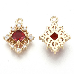 Red Golden Tone Brass Pendants, with Faceted Glass and Clear Rhinestone, Rhombus, Red, 14.5x11x4mm, Hole: 1.2mm, Diagonal Length: 14.5mm, Side Length: 10mm