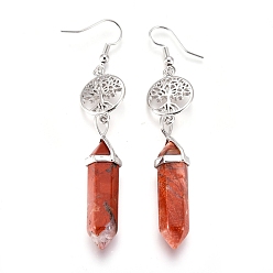 Red Jasper Pointed Bullet Natural Red Jasper Dangle Earrings, with Brass Earring Hooks and Flat Round with Tree of Life Links, Platinum, 76mm, Pin: 0.7mm