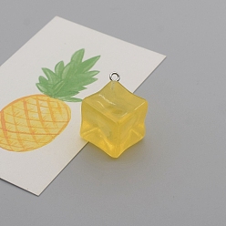 Yellow Transparent Luminous Acrylic Pendants, with Iron Loops, Ice Cube, Glow in the Dark, Yellow, 18x18x18mm
