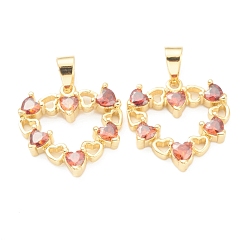 Красный Латунные микропаве прозрачные подвески с фианитом, долговечный, реальный 18 k позолоченный, сердце, красные, 17x16.5x3 мм, отверстие : 3.5x4.5 мм