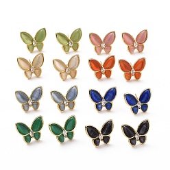 Mixed Color Cat Eye Butterfly Stud Earrings with Clear Cubic Zirconia, Real 18K Gold Plated Brass Jewelry for Women, Cadmium Free & Lead Free, Mixed Color, 15x17.5mm, Pin: 0.7mm