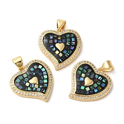 Черный Латунные микро проложить кубического циркония подвески, с эмалью и ракушкой, долговечный, без свинца и без кадмия, реальный 18 k позолоченный, сердце, чёрные, 20x19x3 мм, отверстие : 5x4 мм