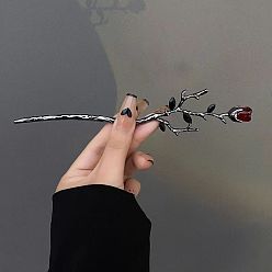 Red Vintage Alloy Hairpin with Rose Flower for Women's Retro Updo Hairstyle