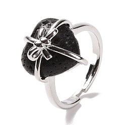 Лавовый камень Сердце из синтетической лавы с регулируемым кольцом с бантом, украшения из латунной проволоки для женщин, без кадмия и без свинца, платина, размер США 7 1/4~13 (17.5~22.3 мм)