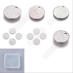 Stainless Steel Color 60Pcs 6 Style 304 Stainless Steel Textured Pendants, Flat Round, Stainless Steel Color, 10pcs/style