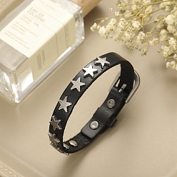 Black Leather Cord Bracelets, Alloy Star Stud Bracelet with Adjustable Buckle, Black, 10-1/4 inch(26cm)