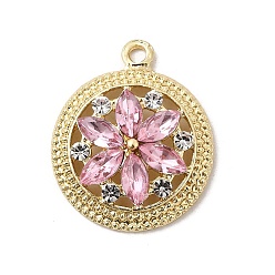 Розовый Подвески из сплава и страза, стойки покрытие, плоские круглые с цветком, золотые, светло-розовый, 29x23.5x5.5 мм, отверстие : 2.4 мм