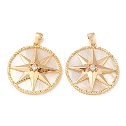 Real 18K Gold Plated Brass Micro Pave Cubic Zirconia Pendants, with Shell, Flat Round with Star, Real 18K Gold Plated, 27x25x4mm, Hole: 4x2mm