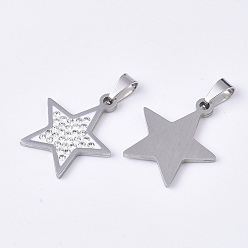 Stainless Steel Color 201 Stainless Steel Pendants, with Random Size Snap On Bails and Polymer Clay Crystal Rhinestones, Star, Stainless Steel Color, 23x20x2mm, Hole: 7~10x3~5mm