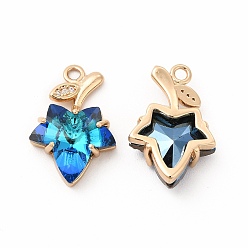 Sapphire Brass with K9 Glass Charms, Golden Maple Leaf Charms, Sapphire, 20.5x13.5x5.5mm, Hole: 1.8mm