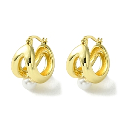 Real 16K Gold Plated Brass Hollow Hoop Earrings with ABS Imitation Pearl, Real 16K Gold Plated, 26x13.5mm