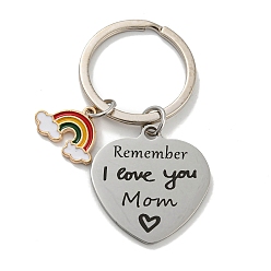 Stainless Steel Color Mother's Day Gift 201 Stainless Steel Heart with Word Remember I Love You Mom Keychains, with Rainbow Alloy Enamel Charm and Iron Key Rings, Stainless Steel Color, 6.2cm
