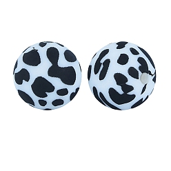White Round with Cow Print Pattern Food Grade Silicone Beads, Silicone Teething Beads, White, 15mm