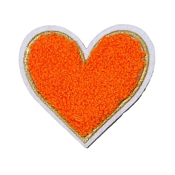 Orange Red Towel Embroidered Patch, Love Heart Embroidery Chenille Appliques, Iron-on Clothing Apparel Decoration, Orange Red, 75x70mm