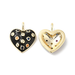 Black Real 16K Gold Plated Brass Micro Pave Colorful Cubic Zirconia Pendants, with Enamel, Heart Charms, Black, 17x14x3.5mm, Hole: 3.5x1.5mm