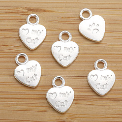 Серебро Подвески из сплава , сердце со словом мой кот очаровывает, серебряные, 12x8.5 мм, отверстие : 2 мм
