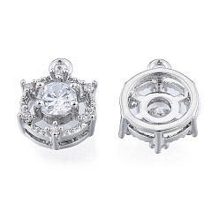 Real Platinum Plated Brass Micro Pave Clear Cubic Zirconia Charms, Cadmium Free & Nickel Free & Lead Free, Flat Round, Real Platinum Plated, 10x8x4.5mm, Hole: 1mm